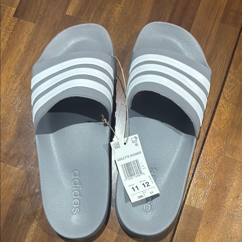 NWT Adidas Adilette Shower Gray and White Slide Sandals